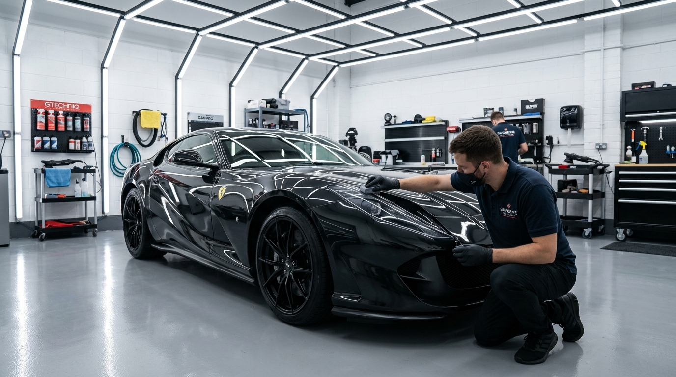 Dunlin AXB Auto Detailing showroom vehicle receiving ceramic coating in Marine City MI
